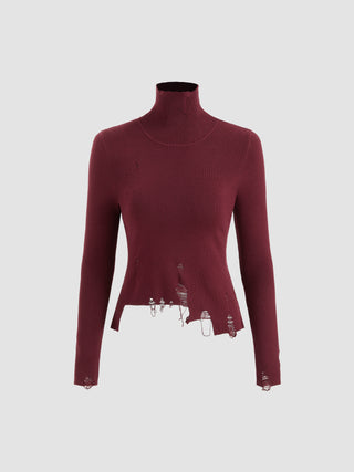 Knit High Neck Ripped Long Sleeve Top