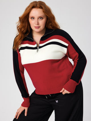 Knit High Neck Striped Zipper Long Sleeve Top Curve & Plus