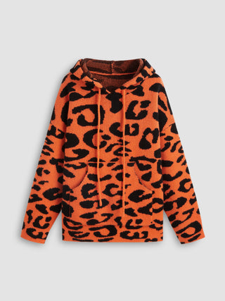 Knit Hooded Animal Leopard Pocket Long Sleeve Top