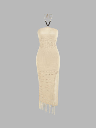 Knit Knit Fabric Halter Beaded Hollow Out Midi Dress