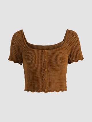 Knit Lettuce Trim Top (L / Brown)