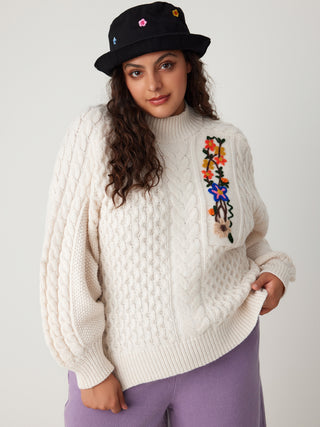 Knit Mandarin Collar 3D Flower Long Sleeve Sweater Curve & Plus