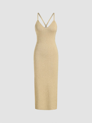 Knit Metallic V-neck Backless Split Maxi Dress