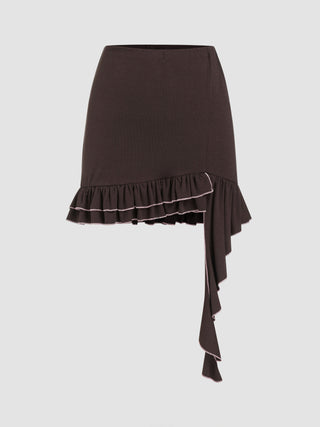 Knit Mid Waist Asymmetrical Ruffle Hem Skirt