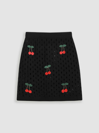 Knit Mid Waist Cherry Pattern Hollow Out Mini Skirt