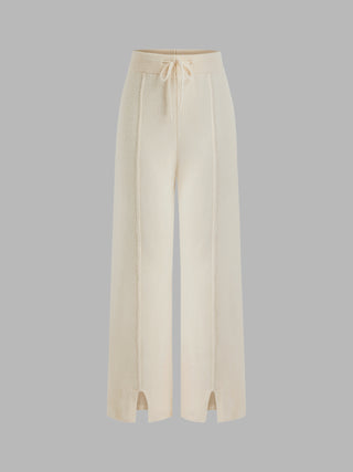 Knit Mid Waist Drawstring Split Straight Leg Trousers