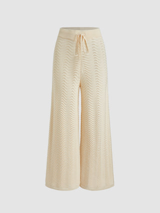 Knit Mid Waist Solid Hollow Out Wide Leg Trousers