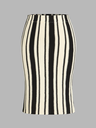 Knit Mid Waist Stripe Pencil Midi Skirt Curve & Plus