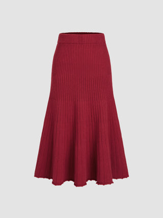 Knit Middle Waist Solid Ruffle Midi Skirt