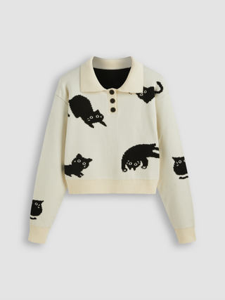 Knit Polo Cat Knitted Long Sleeve Top