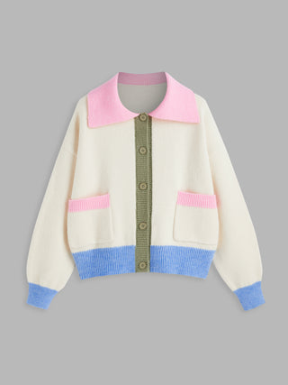 Knit Polo Contrasting Binding Pocket Cardigan