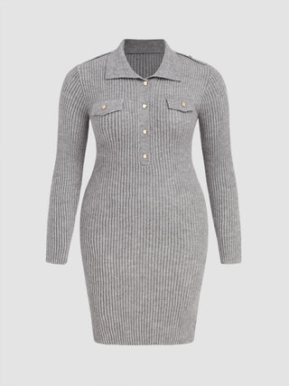 Knit Polo Solid Button Mini Dress Curve & Plus