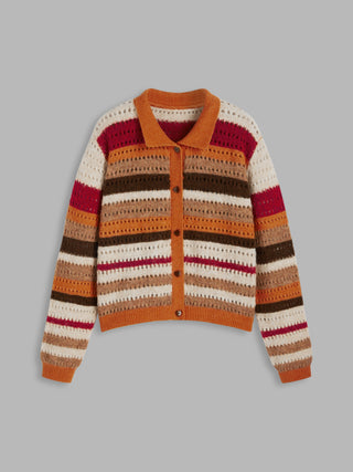 Knit Polo Stripe Hollow Out Cardigan