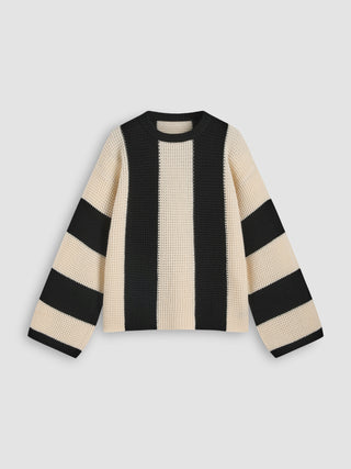 Knit Round Neck Contrasting Binding Stripe Long Sleeve Top