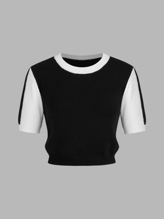 Knit Round Neck Solid Contrasting Short Sleeve Crop Top