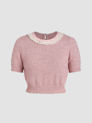 Knit Round Neckline Solid Lace Trim Short Sleeve Crop Top