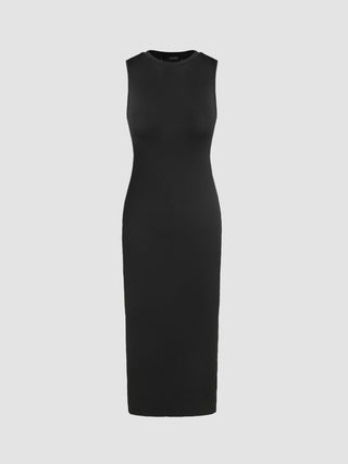 Knit Round Neckline Split Maxi Dress (S / Black)