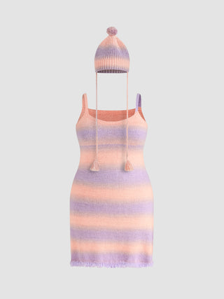 Knit Round Neckline Striped Midi Dress & Knit Striped Hat Curve & Plus