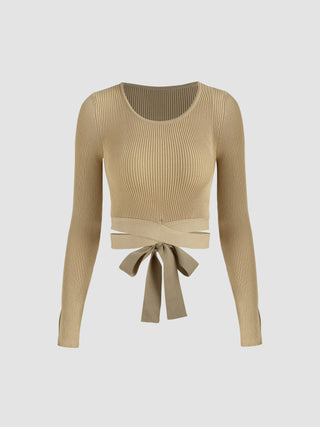 Knit Round Neckline Tie Back Long Sleeve Top