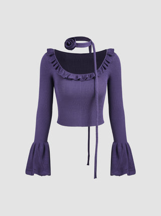 Knit Scoop Neckline Ruffle Trim Crop Long Sleeve Top With Rosette Choker