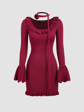 Knit Scoop Neckline Ruffle Trim Mini Dress With Rosette Choker