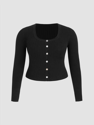 Knit Scoop Neckline Solid Button Crop Long Sleeve Top Curve & Plus