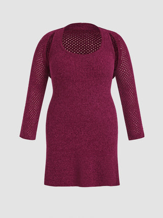 Knit Scoop Neckline Solid Mini Dress & Shrug Curve & Plus