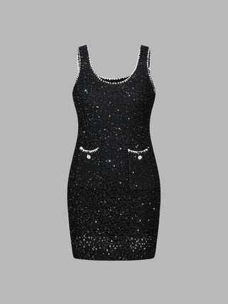 Knit Sequins U-neckline Solid Mini Dress