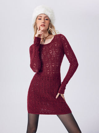 Knit Solid Hollow Out Tie Back Mini Dress