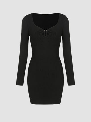 Knit Solid Long Sleeve Short Dress (M / Black)