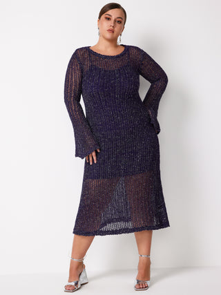 Knit Solid Round Neckline Hollow Out Midi Dress Curve & Plus