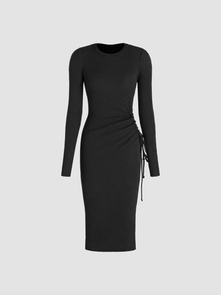 Knit Solid Ruched Drawstring Midi Dress