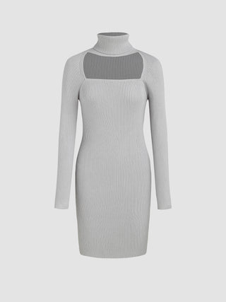 Knit Solid Turtleneck Cut Out Mini Dress