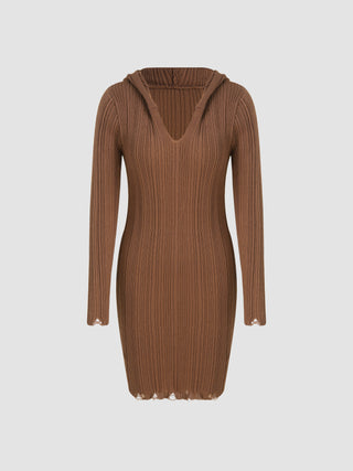 Knit Solid V-neck Ripped Rib Mini Dress