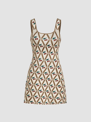 Knit Square Neck Cherry Geometric Dress (L / Khaki)