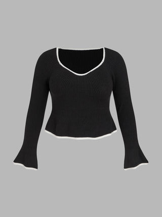 Knit Square Neck Contrasting Binding Long Sleeve Top Curve & Plus