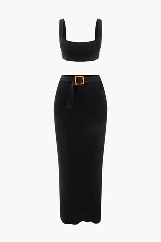 Knit Square Neck Crop Tank Top And Buckle Midi Skirt Set (M / BLACK)