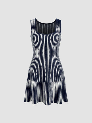 Knit Square Neck Striped Mini Dress (M / Navy Blue)