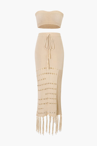 Knit Tube Top And Tassel Hem Skirt Set (L / BEIGE)