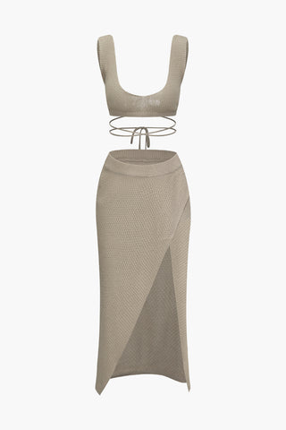 Knit U-neck Tie Back Cami Top And Split Midi Skirt Set (S / BEIGE)