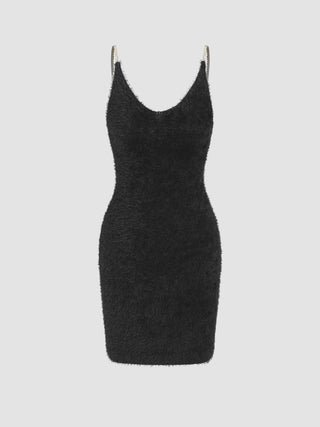 Knit U-neckline Fuzzy Solid Backless Mini Dress