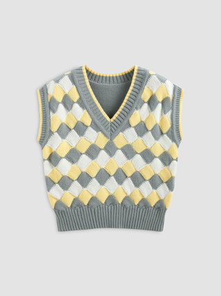 Knit V-neck Check Contrasting Binding Vest