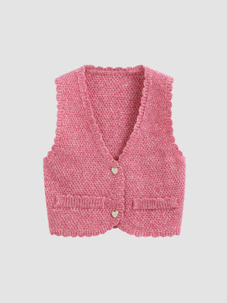 Knit V-neck Heart Button Crop Vest