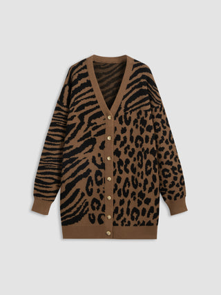 Knit V-neck Leopard And Zebra Stripe Patchy Cardigan