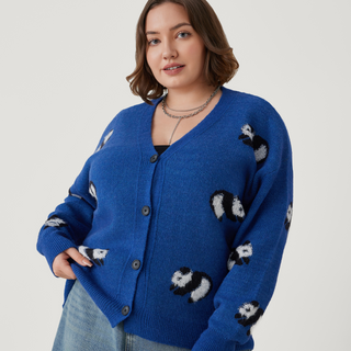 Knit V-neck Panda Button Cardigan Curve & Plus