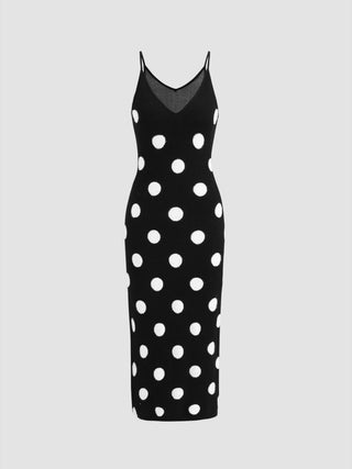 Knit V-neck Polka Dot Backless Midi Dress