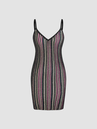 Knit V-neck Sequin Stripe Mini Cami Dress