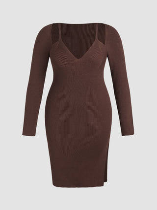 Knit V-neck Solid Long Sleeve Cut Out Slit Midi Dress Curve & Plus