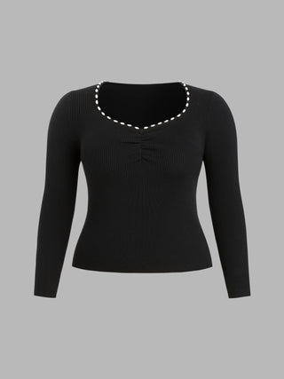 Knit V-neck Solid Long Sleeve Top Curve & Plus