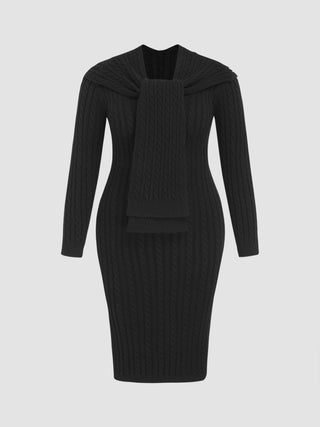 Knit V-neck Solid Midi Dress With Shawl Curve & Plus